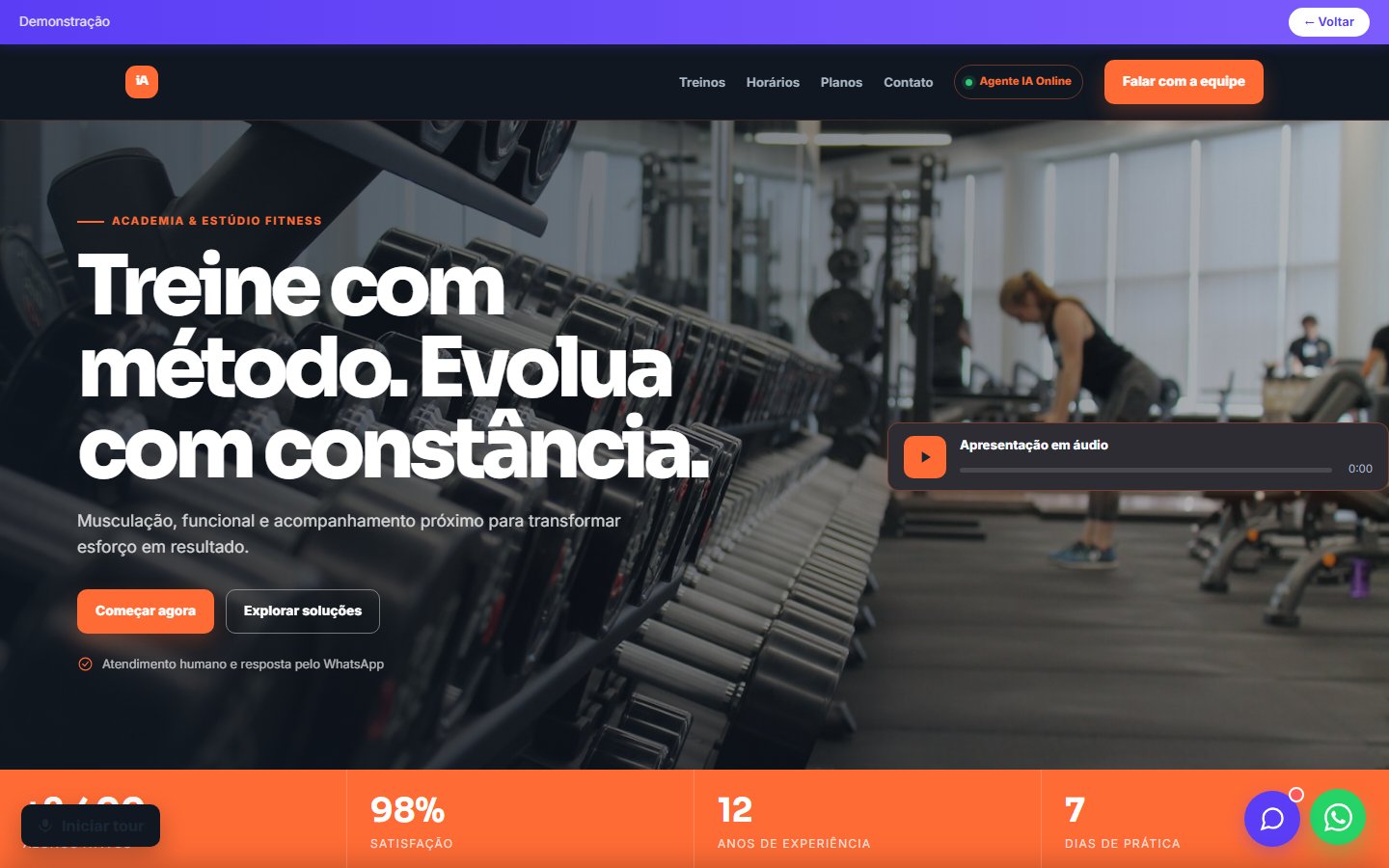 Tela do site Academia/estúdio fitness em desktop