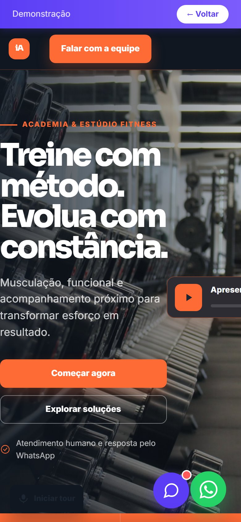 Tela do site Academia/estúdio fitness em celular