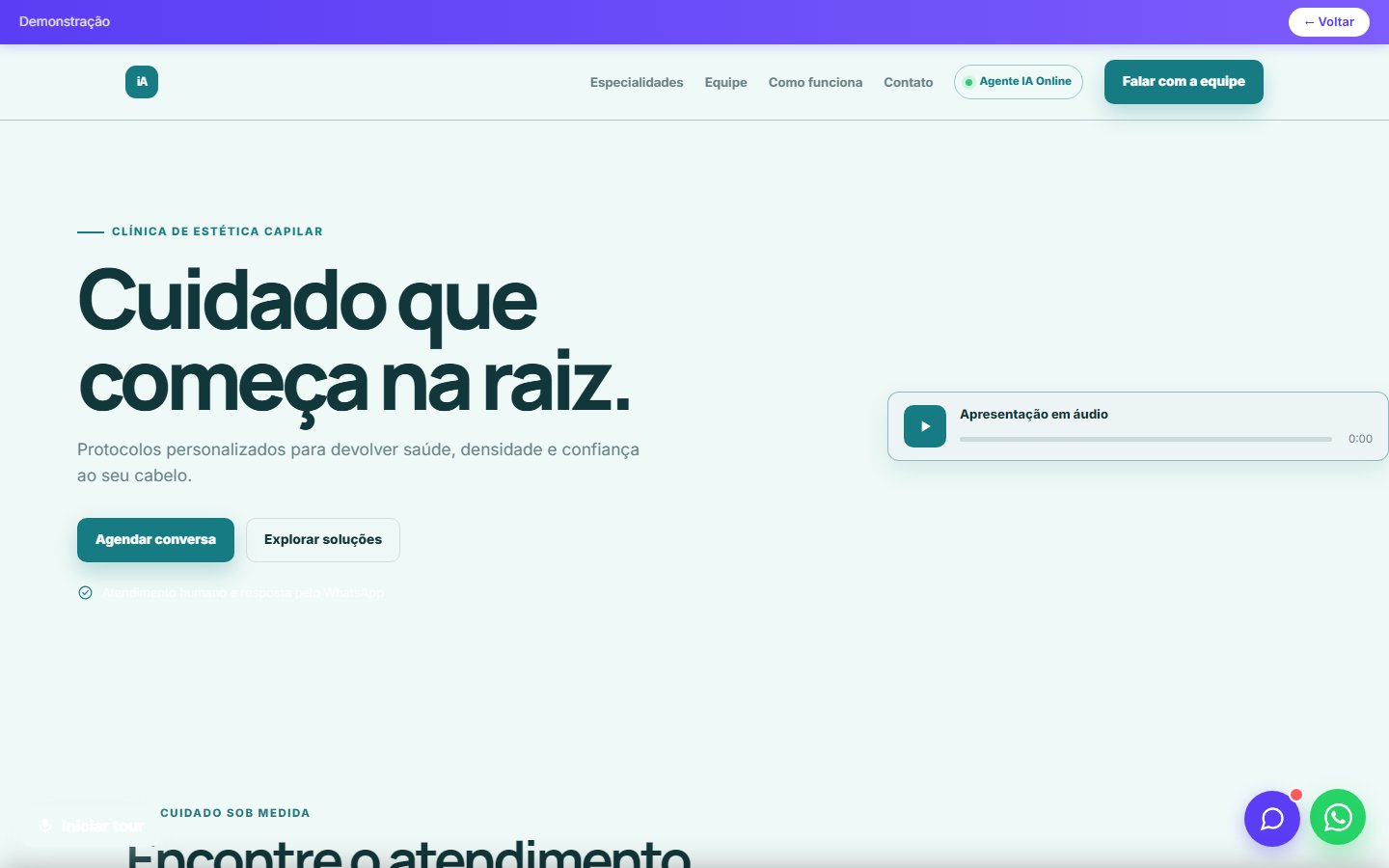 Tela do site Clínica de estética capilar em desktop