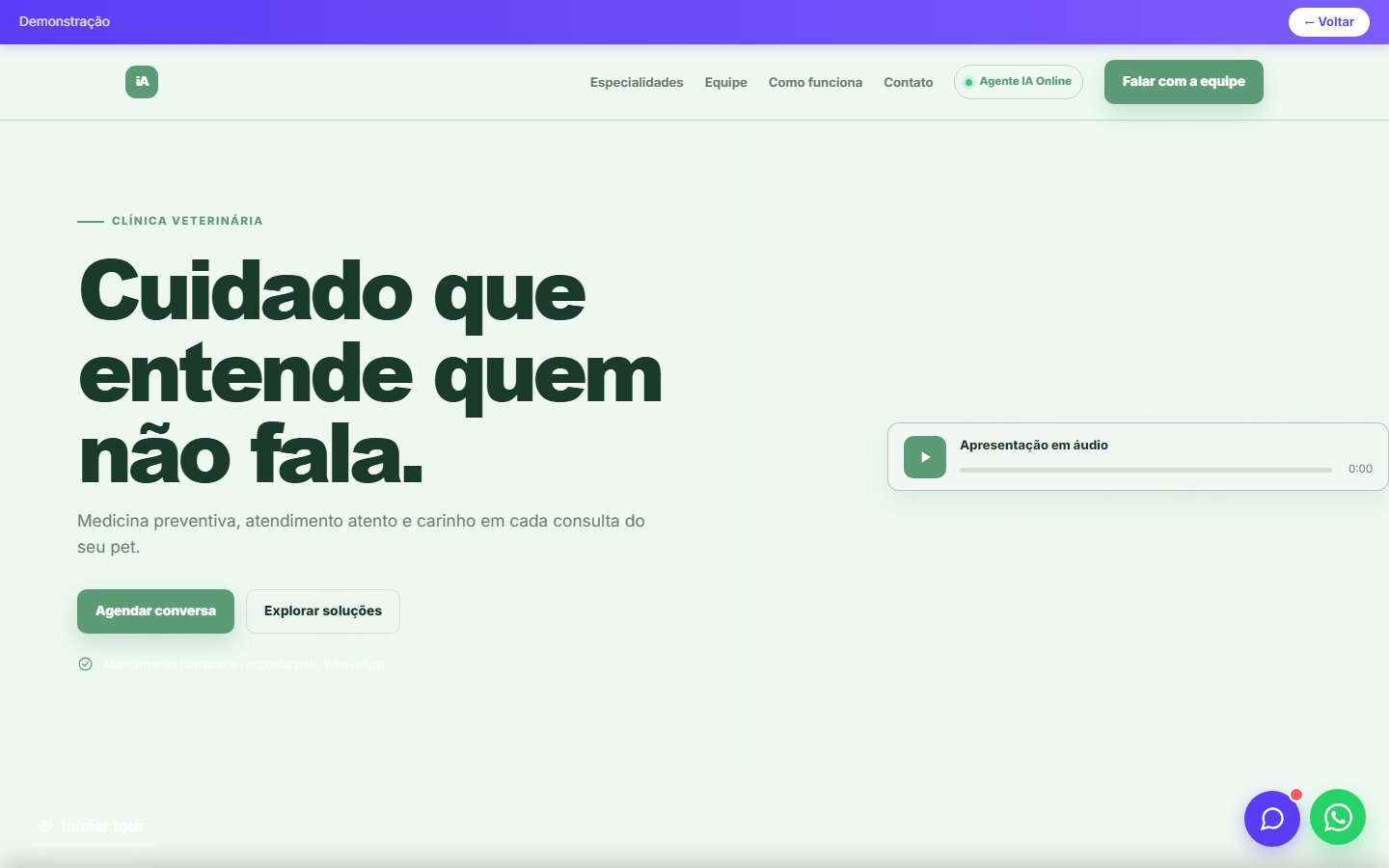 Tela do site Clínica veterinária em desktop