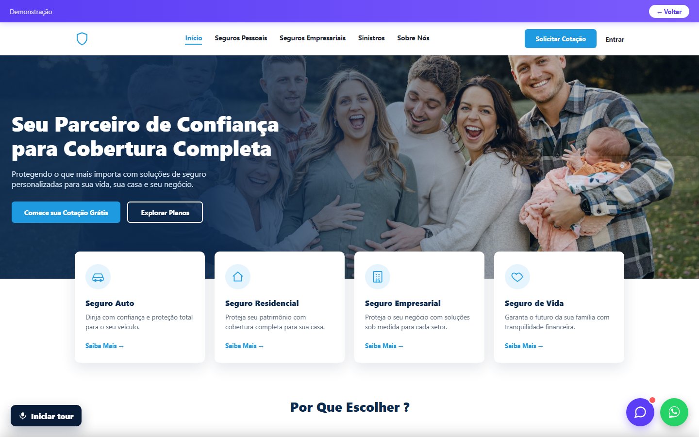 Tela do site Seguradora/corretora de seguros em desktop
