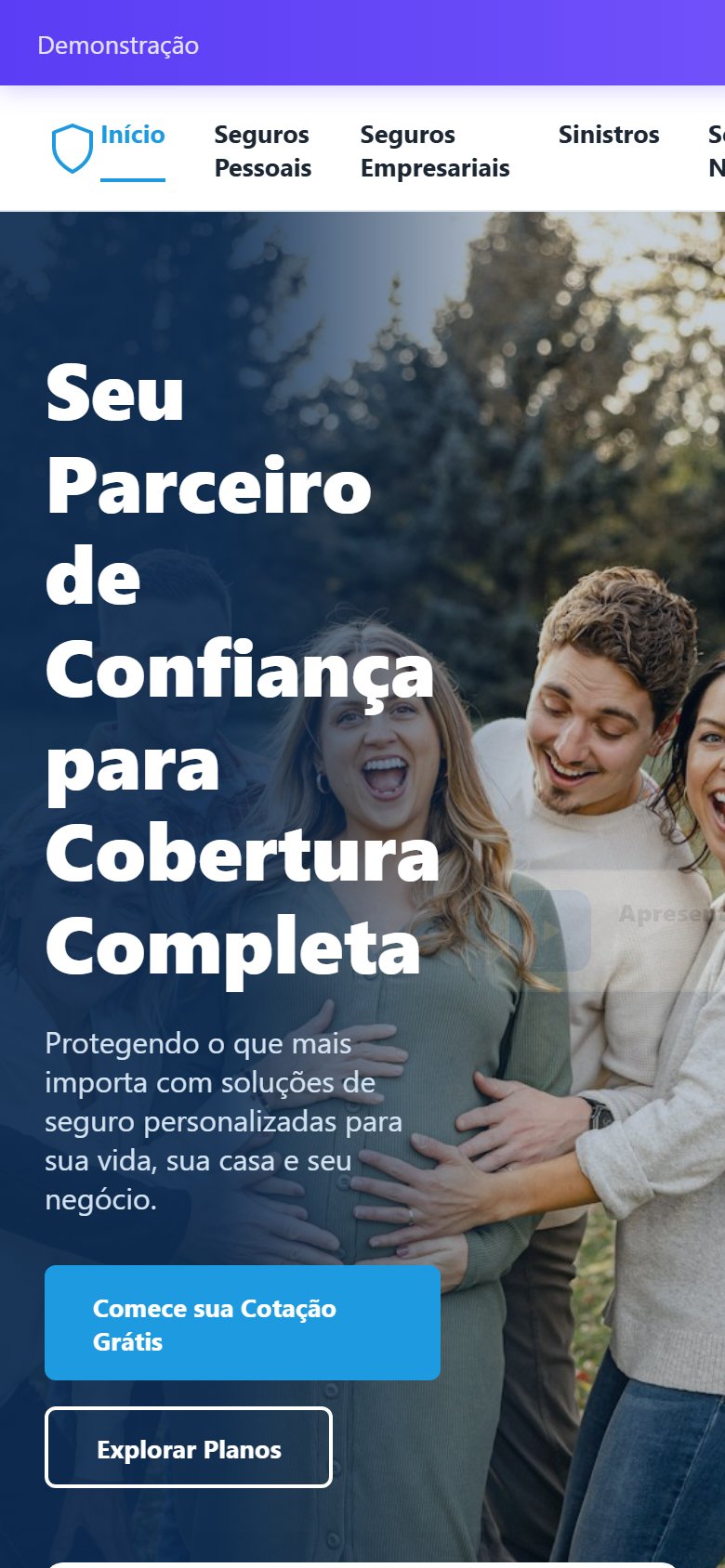 Tela do site Seguradora/corretora de seguros em celular