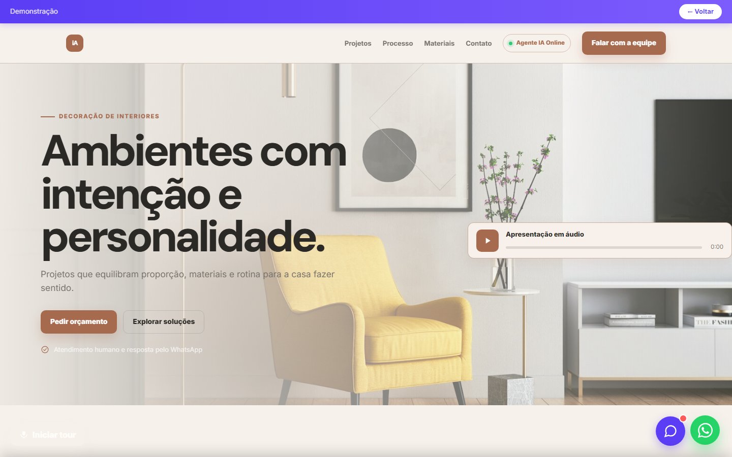 Tela do site Decoração de interiores em desktop
