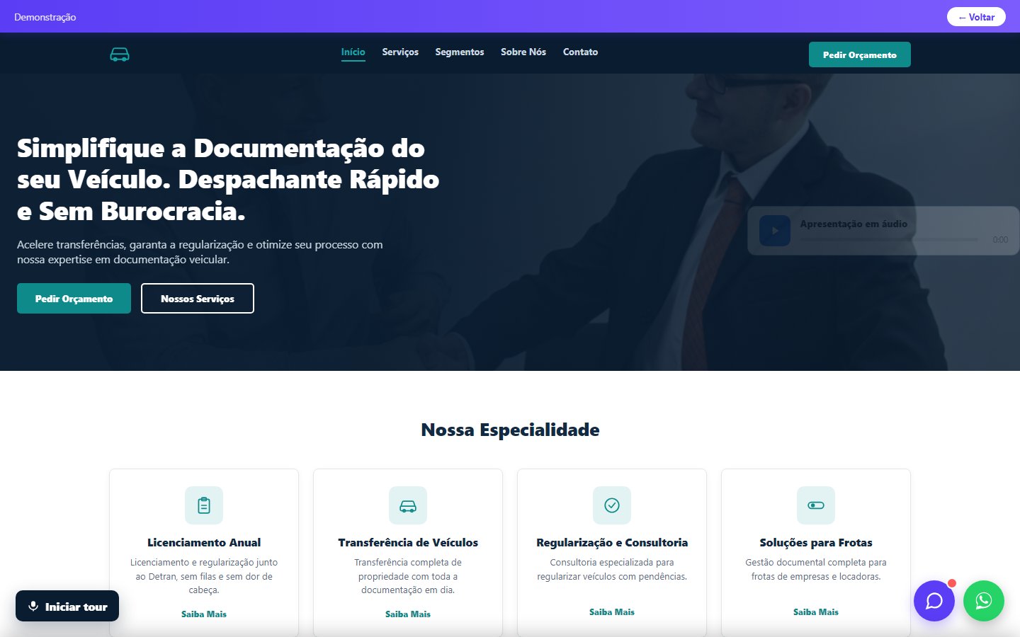 Tela do site Despachante em desktop