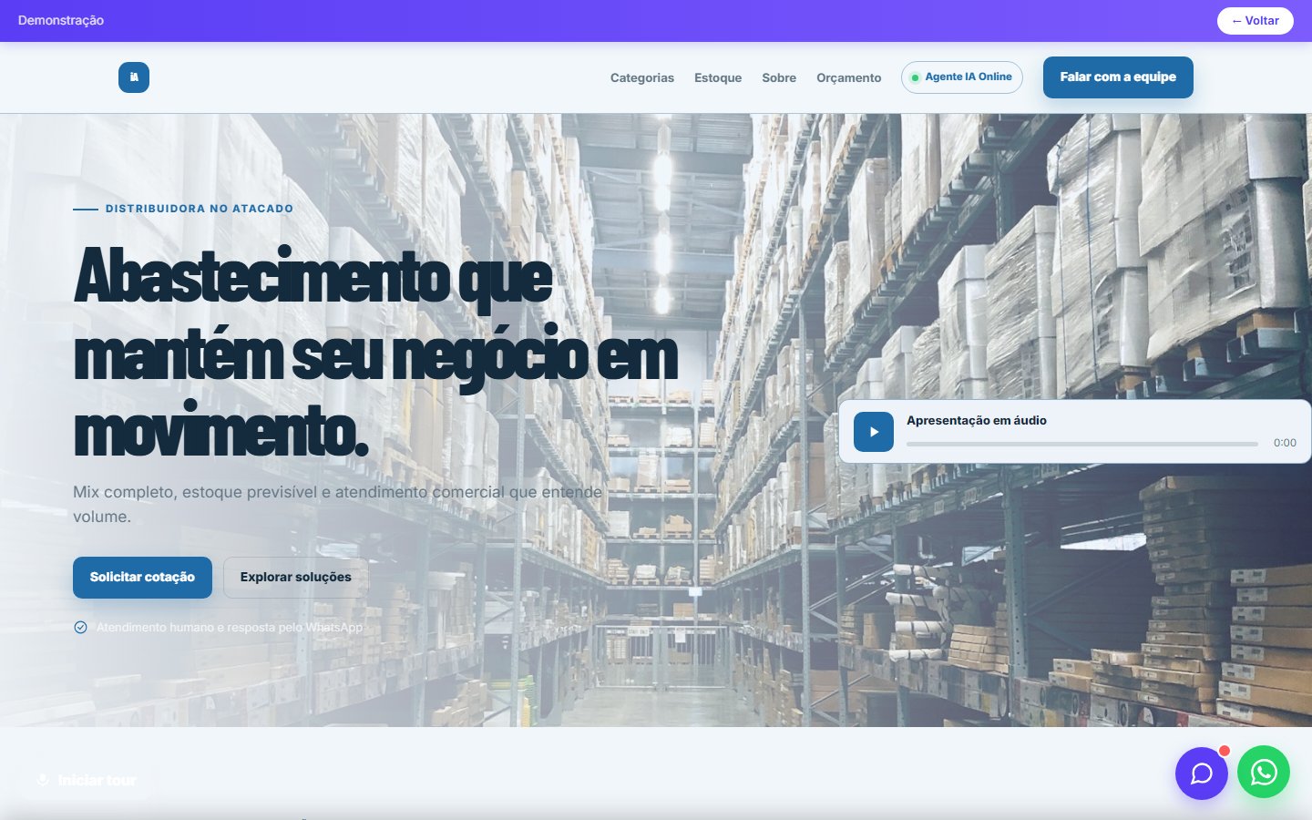 Tela do site Distribuidora/atacado em desktop