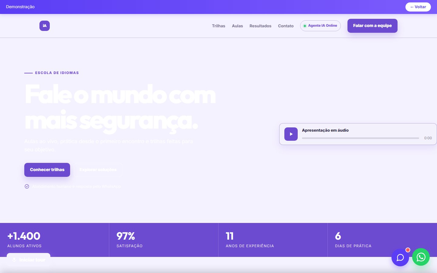 Tela do site Escola de idiomas em desktop