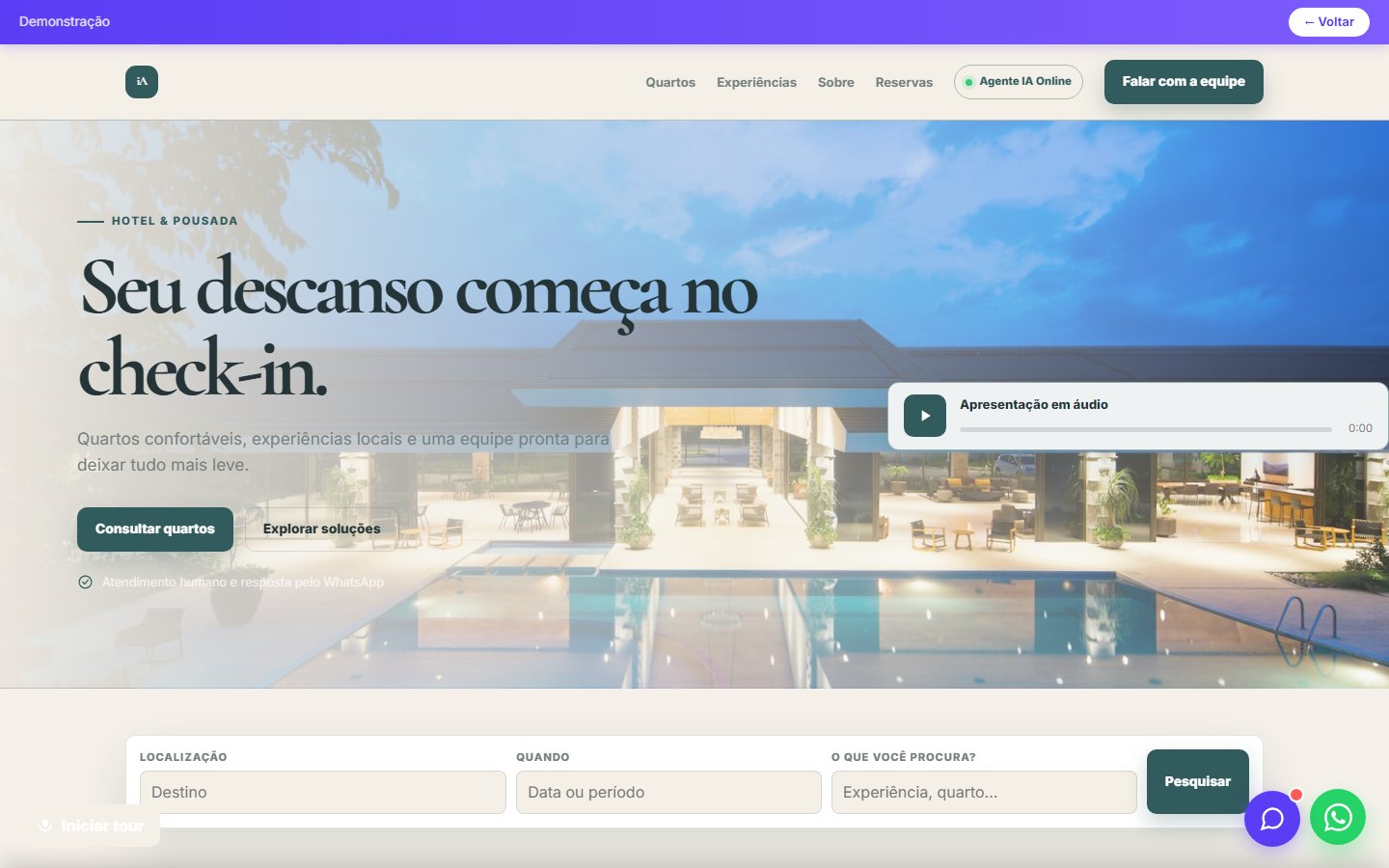 Tela do site Hotel/pousada em desktop