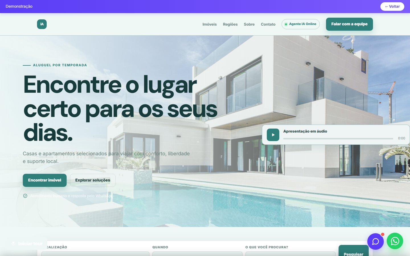 Tela do site Imobiliária (aluguel/temporada) em desktop
