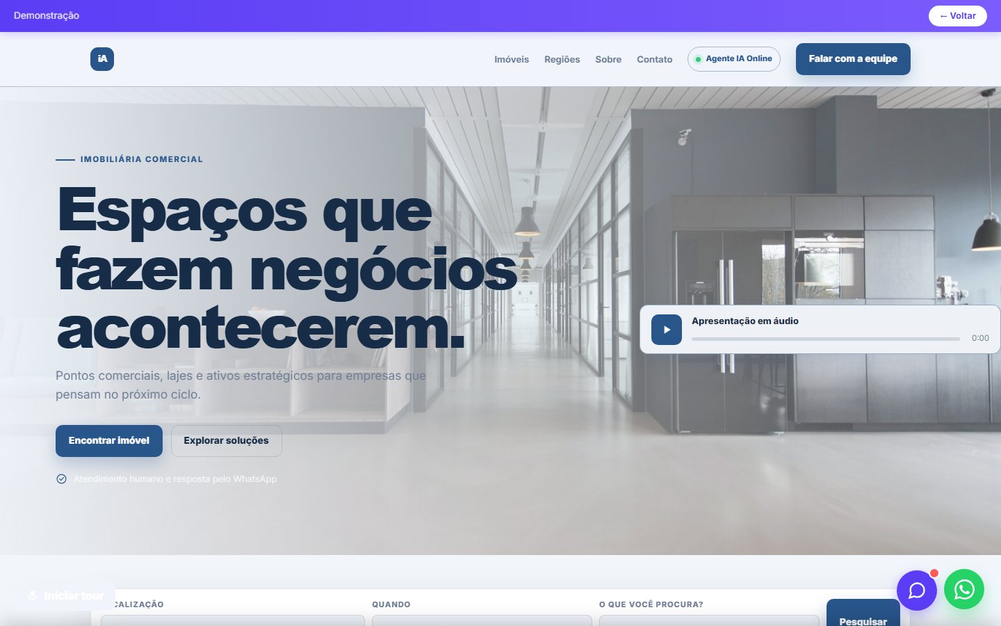 Tela do site Imobiliária comercial em desktop