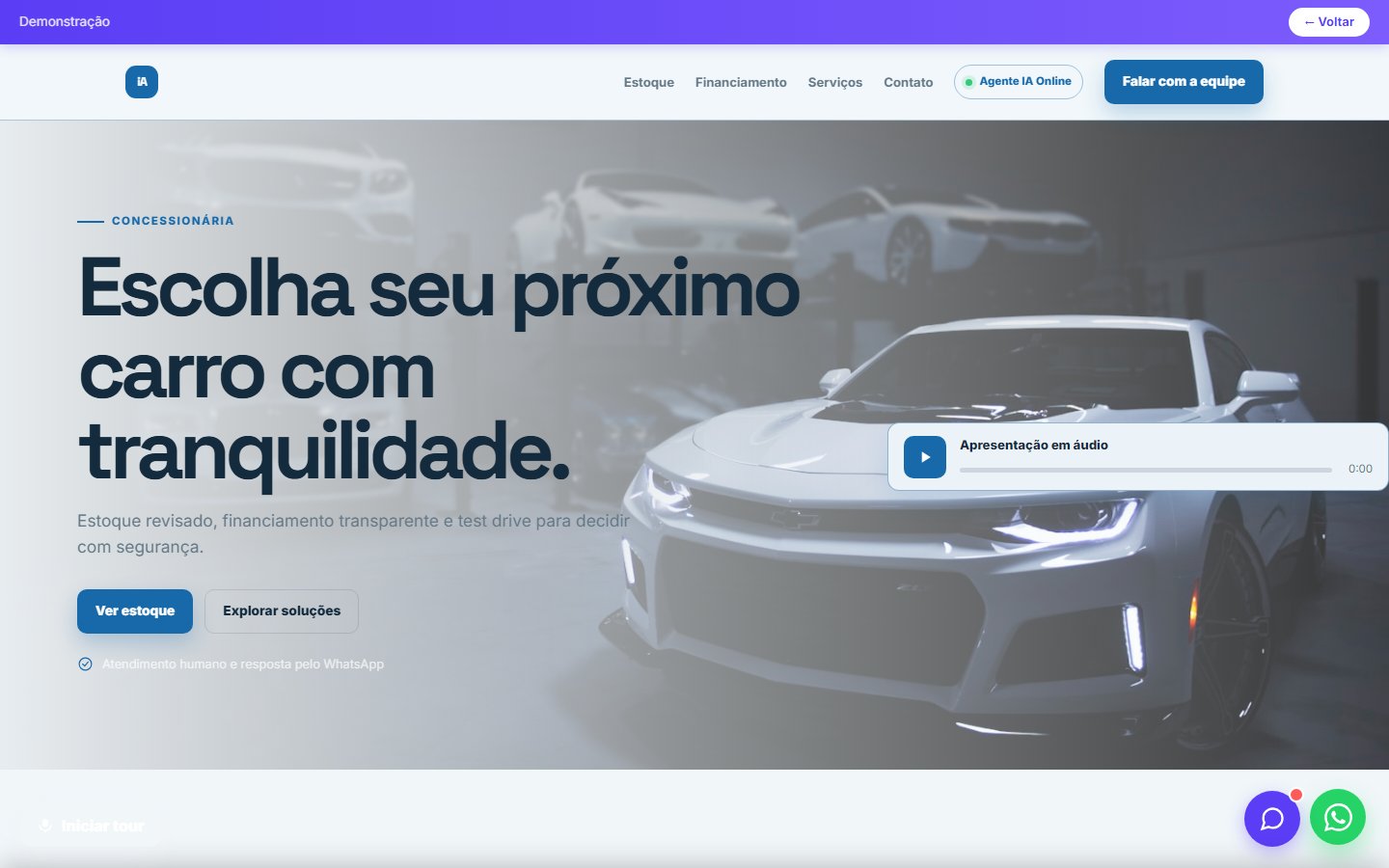 Tela do site Loja de carros/concessionária em desktop