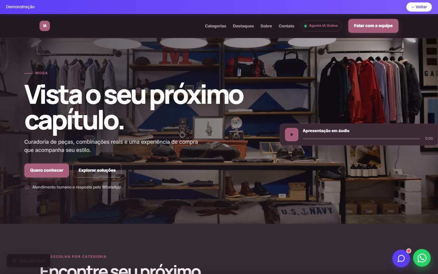 Tela do site Loja de roupas/moda em desktop