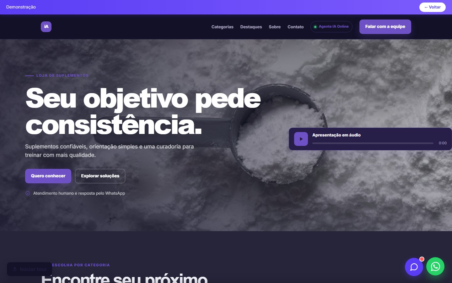 Tela do site Loja de suplementos em desktop