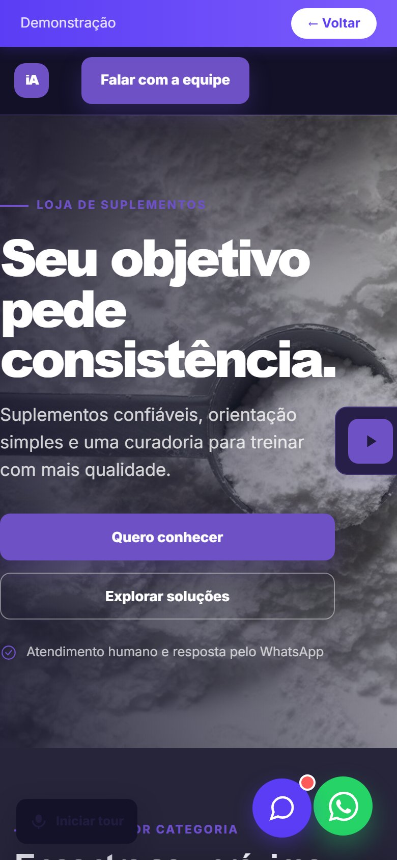 Tela do site Loja de suplementos em celular