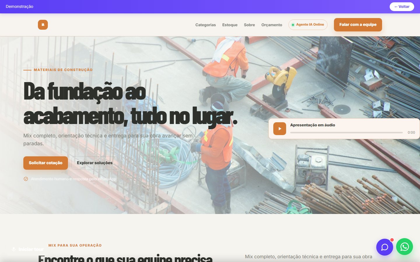 Tela do site Materiais de construção em desktop