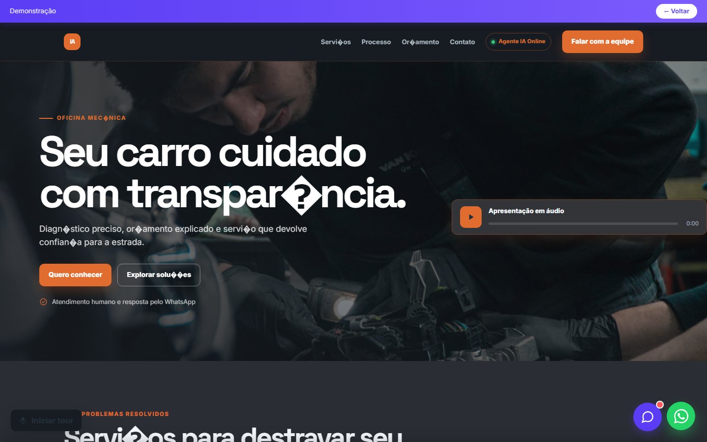 Tela do site Oficina mecânica em desktop