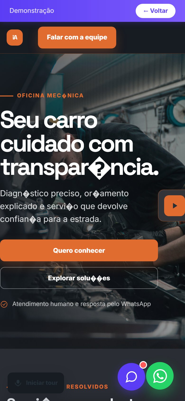 Tela do site Oficina mecânica em celular