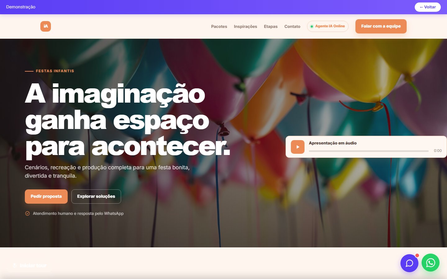 Tela do site Produtora de eventos/festas infantis em desktop