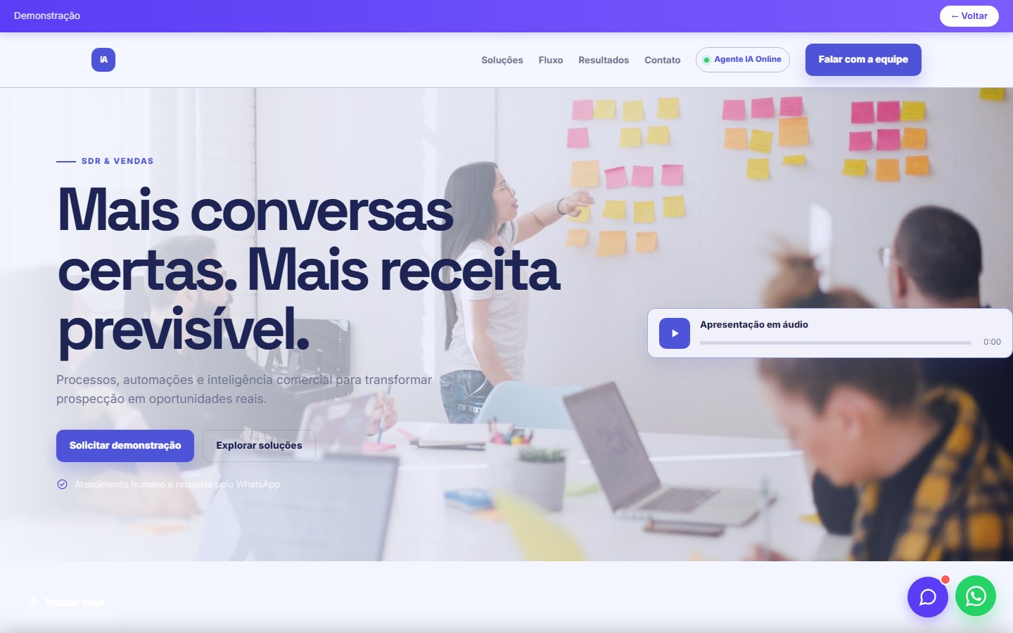Tela do site SDR/Vendas em geral em desktop