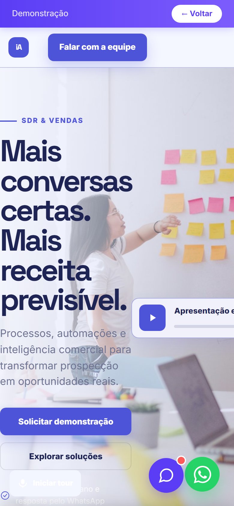 Tela do site SDR/Vendas em geral em celular